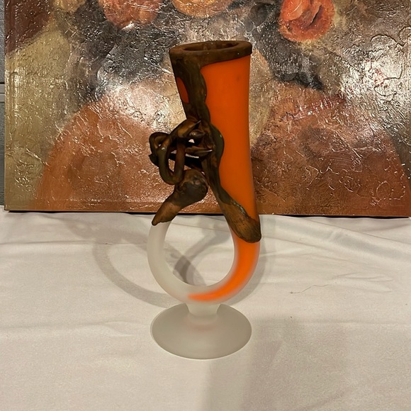 Handmade Blown Glass Vase Horn Orange 3D Metal Coated Vintage